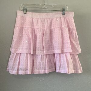 Pastel Pink Feminine Preppy Eyelet Lace Ruffle 100% Cotton Coquette Mini Skirt L